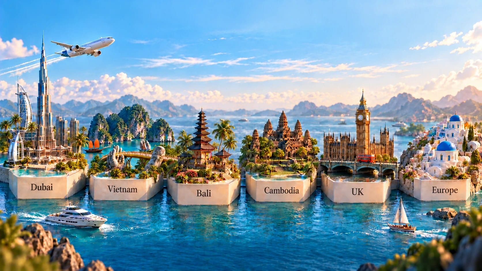 A miniature world of VaayuTrip destinations — Dubai, Vietnam, Bali, Cambodia, the United Kingdom and Greece — set on islands in a turquoise sea