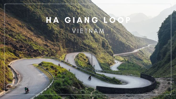 Ha Giang Loop Motorbike Ride – Motorbikers crossing winding mountain pass in Ha Giang, Vietnam.